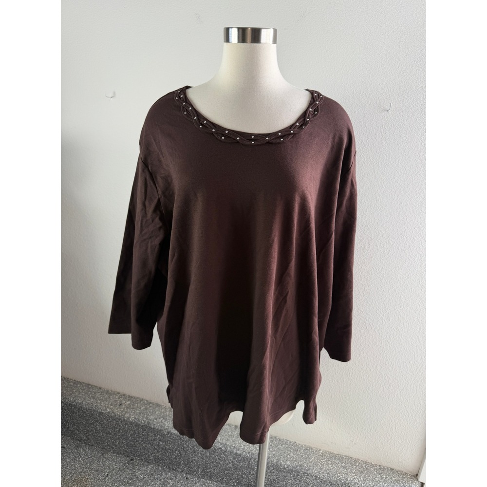 Quacker Factory Womens Plus 3X Brown Long Sleeve Scoop Neck 100% Cotton Top